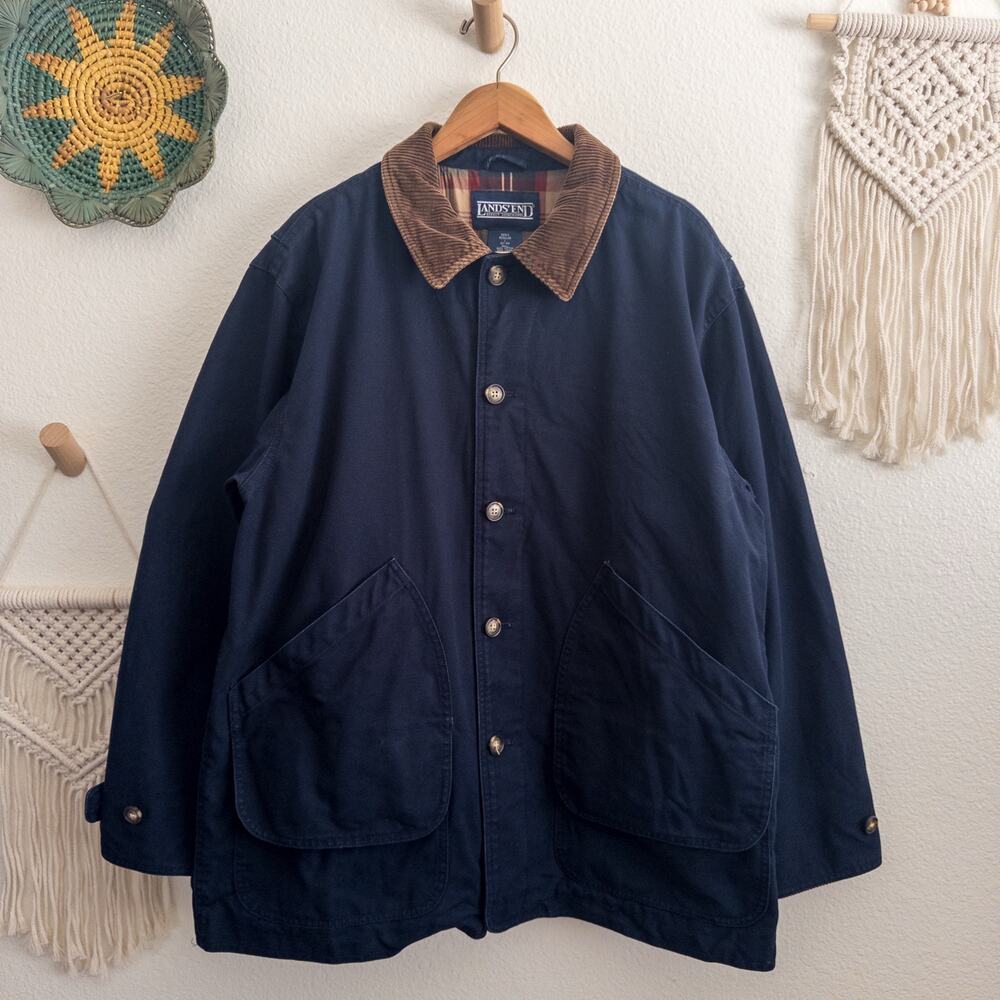Lands' End Men's Large Navy with Brown Corduroy Plaid Interior Chore Barn Jacket